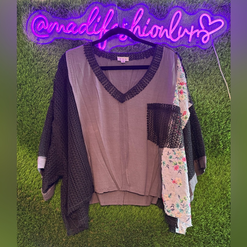 POL Mixed-Media Women’s Top — Black, Olive, Floral